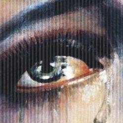 Closeup of a face with tears streaming down and an inset of dry-eye product box