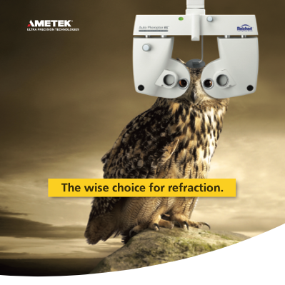 Owl behind a phoropter, the device eye doctors use with all the dials